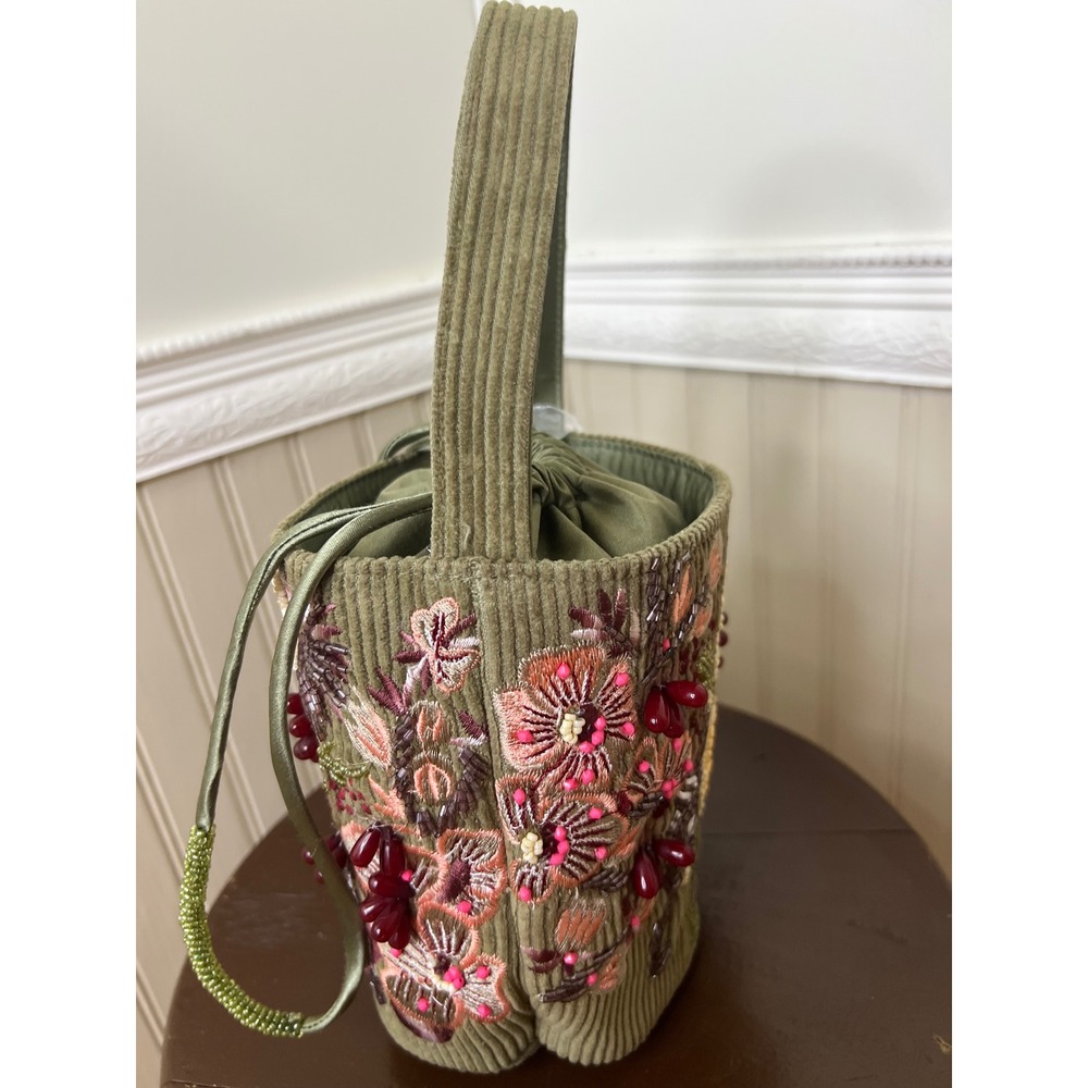 Handmade Beaded Corduroy Floral Bucket Bag Olive Green Drawstring India New - Picture 5 of 10